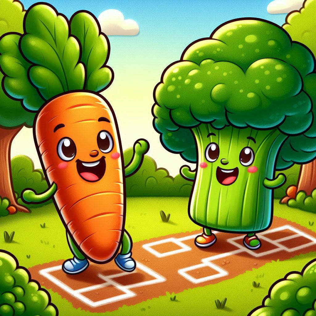 happy-carrot-and-broccoli-playing-hopscotch