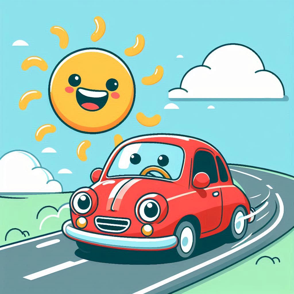 happy-red-car-driving-on-a-sunny-road