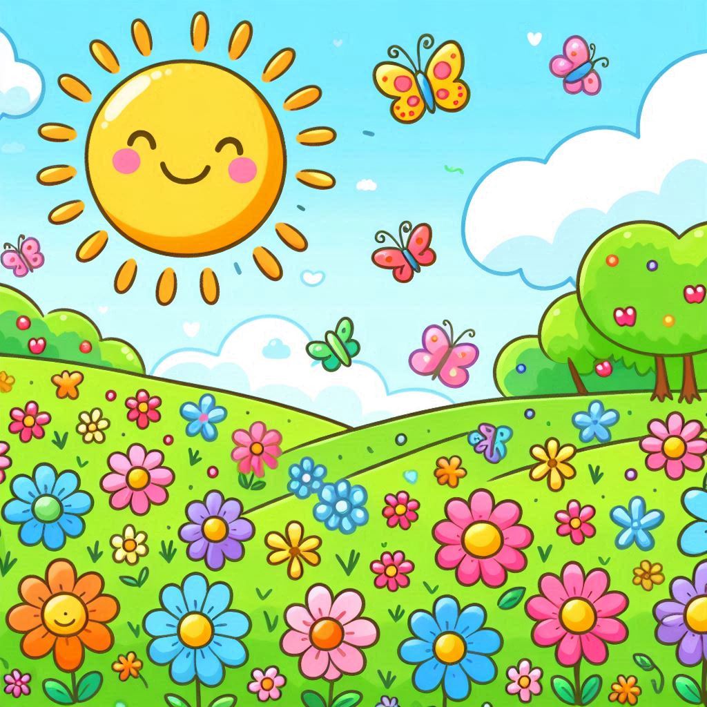 Play an Easy Online Jigsaw Puzzle of Smiling Sun Over a Colorful Flower Field