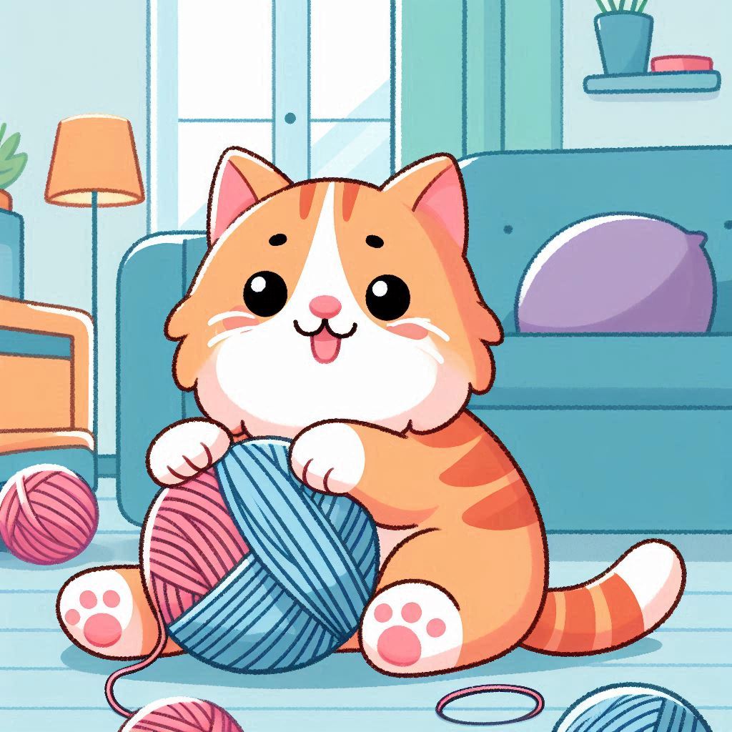 Play an Easy Online Jigsaw Puzzle of Happy Cat Playing with a Ball of Yarn
