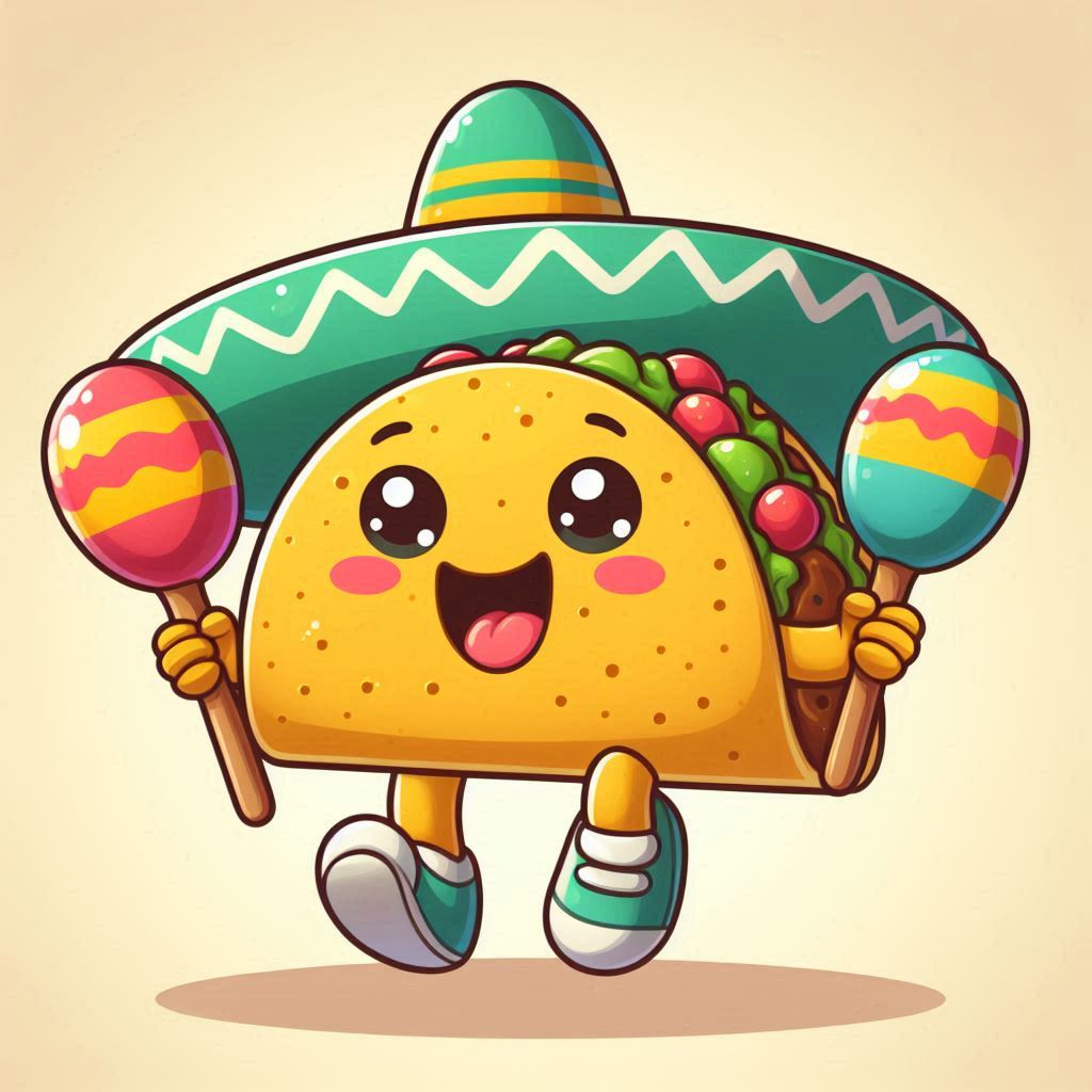Play an Easy Online Jigsaw Puzzle of Joyful Taco With A Big Smile Playing With Maracas