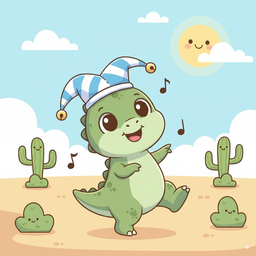 Play an Easy Online Jigsaw Puzzle of Dancing Dinosaur with a Jester Hat